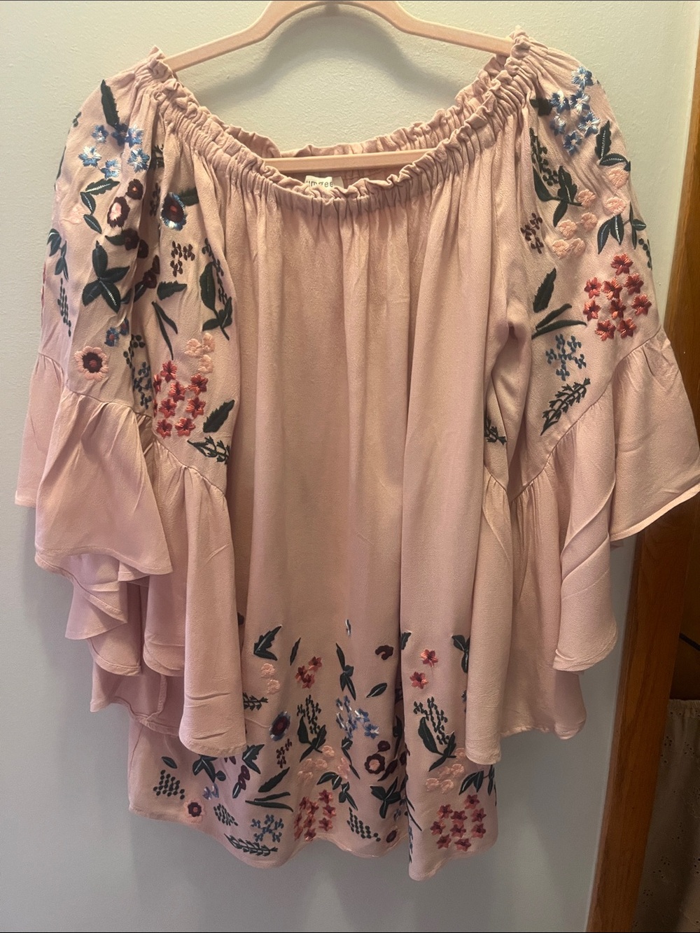 Umgee Blush Pink Embroidered Off-Shoulder Ruffle Sleeve Top